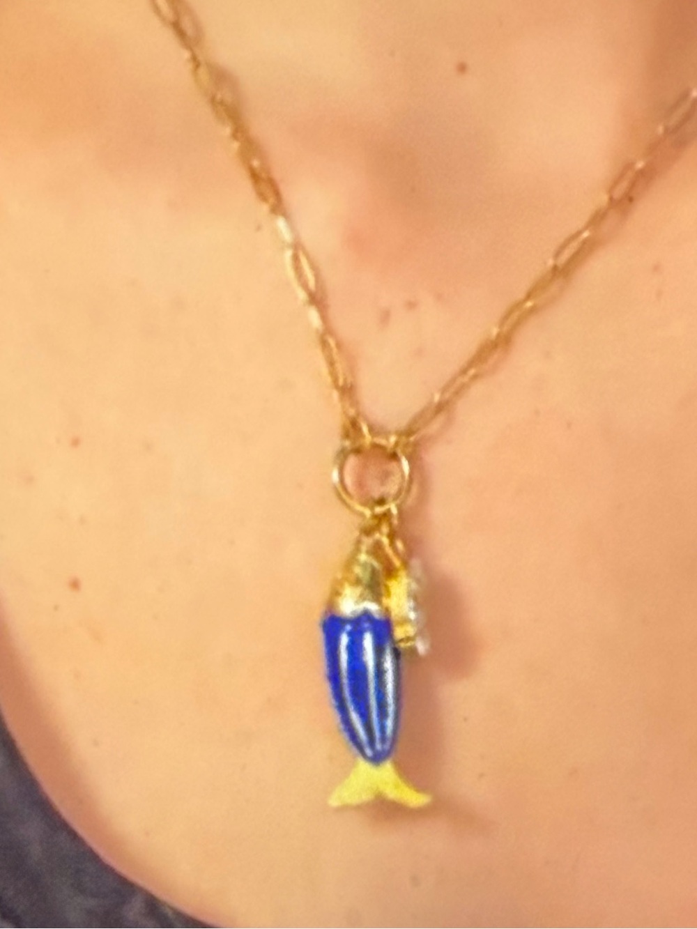 Gold Chain Necklace with Blue and Yellow Fish Charm - Women Jewelry